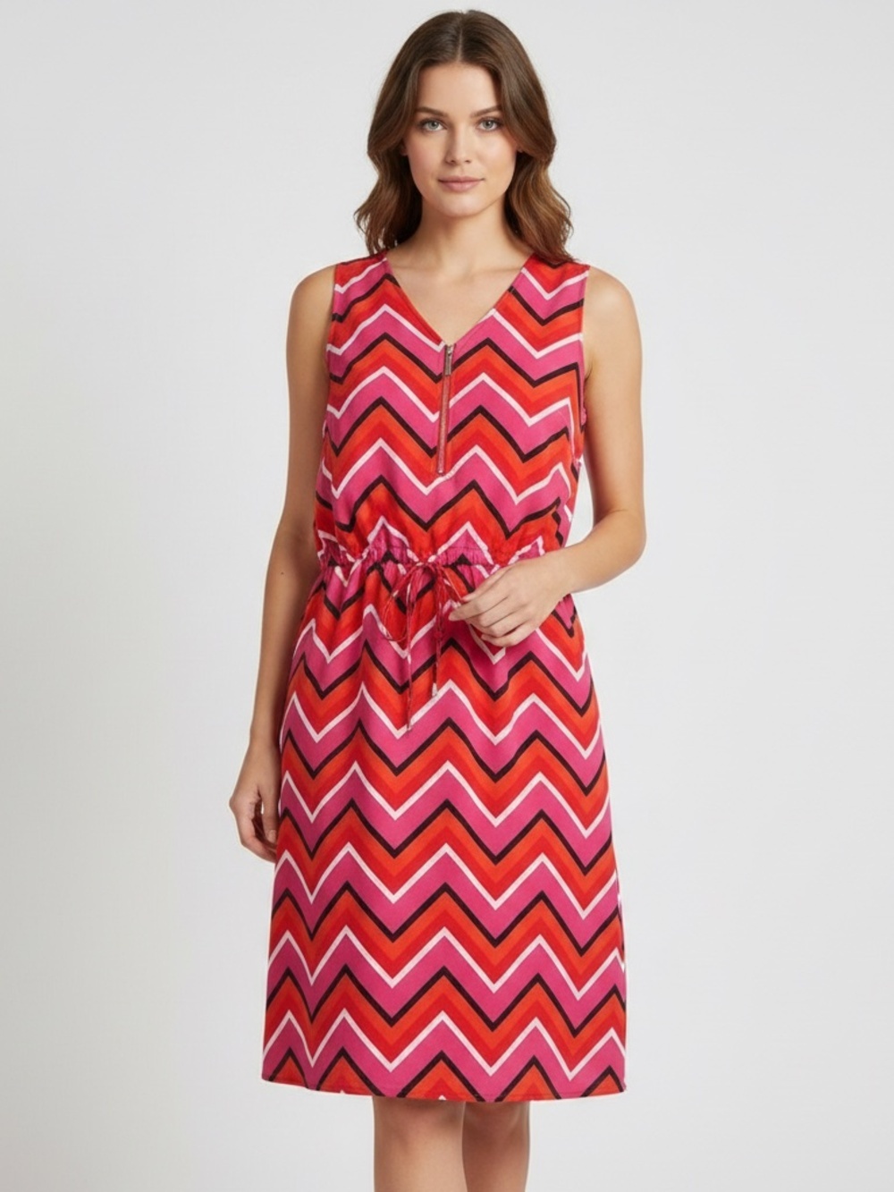 Tacera Sleeveless Chevron Zip Front Drawstring Waist Dress Pink Orange M